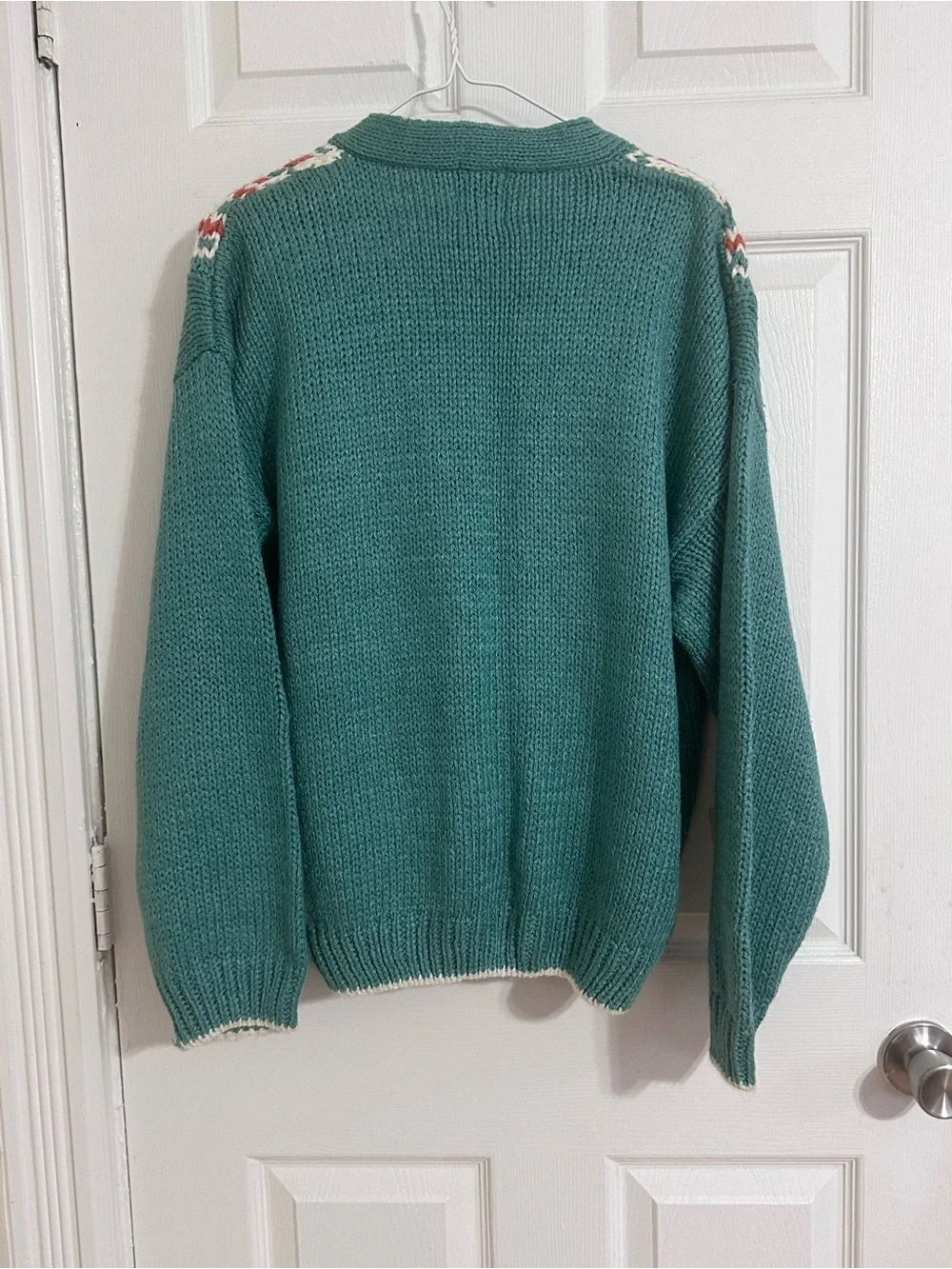 IVY Hand Knit Southwestern Fair Isle Cardigan Sweater M Teal Oversized Vintage - Picture 2 of 7